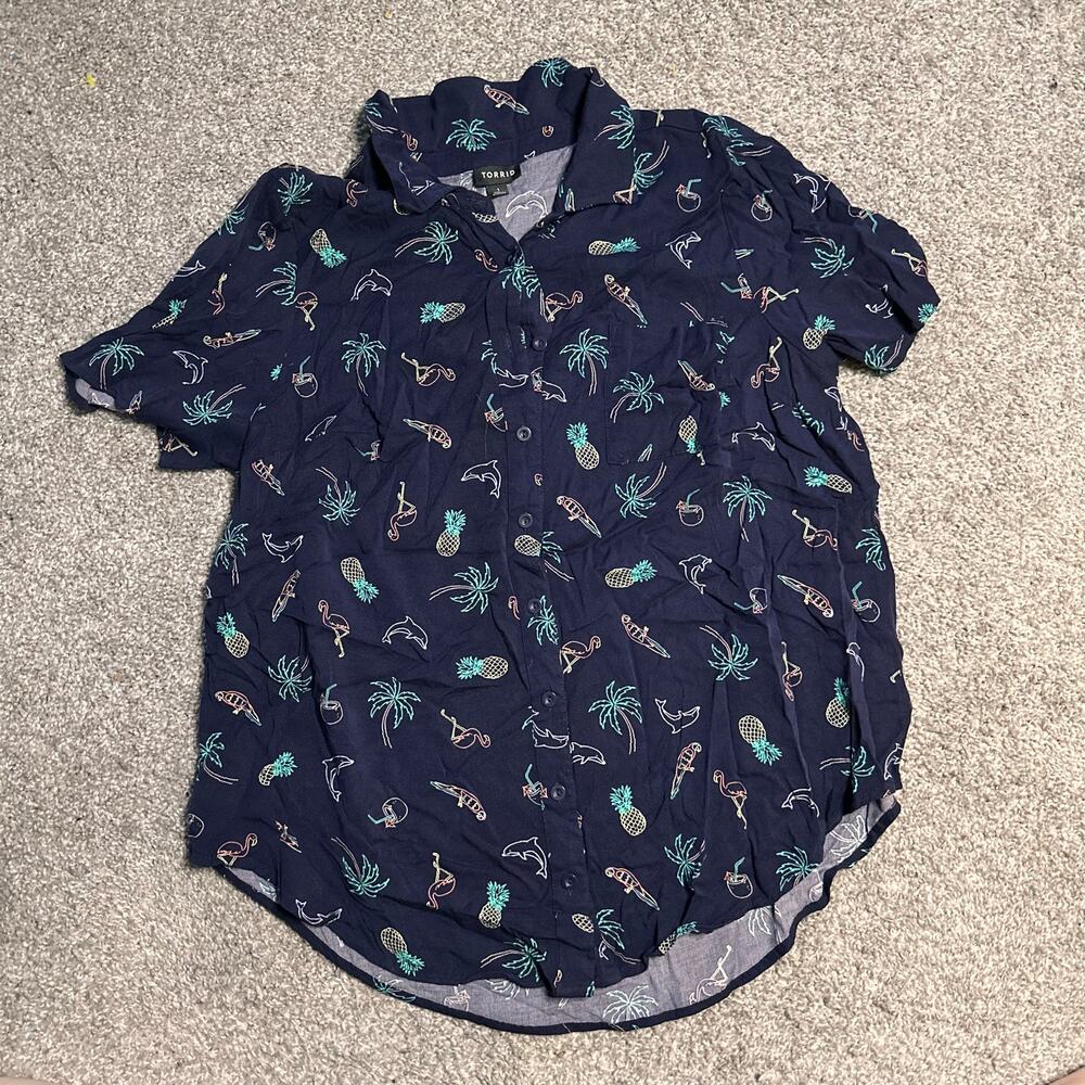 Torrid Tropical Print Challis Button Front Shirt Stretch Navy Size 1 XL